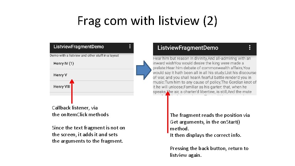 Frag com with listview (2) Callback listener, via the on. Item. Click methods Since