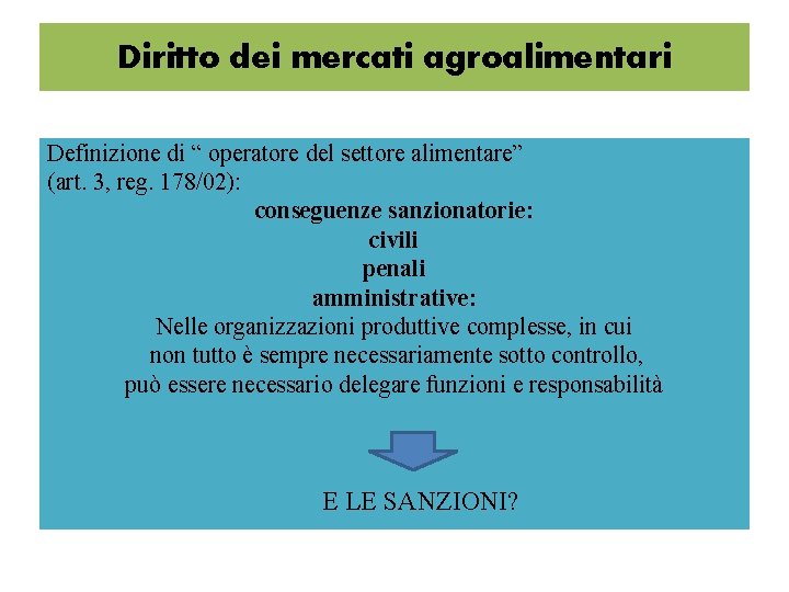 Diritto dei mercati agroalimentari Definizione di “ operatore del settore alimentare” (art. 3, reg.