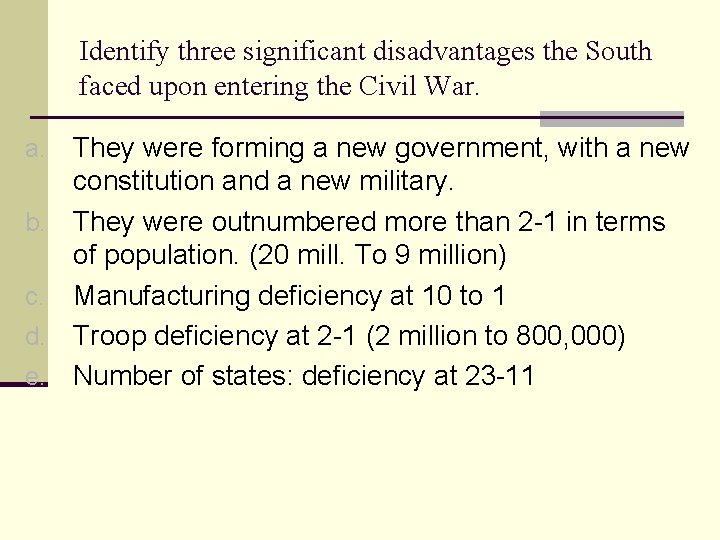 Identify three significant disadvantages the South faced upon entering the Civil War. They were