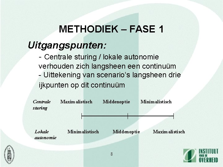 METHODIEK – FASE 1 Uitgangspunten: - Centrale sturing / lokale autonomie verhouden zich langsheen