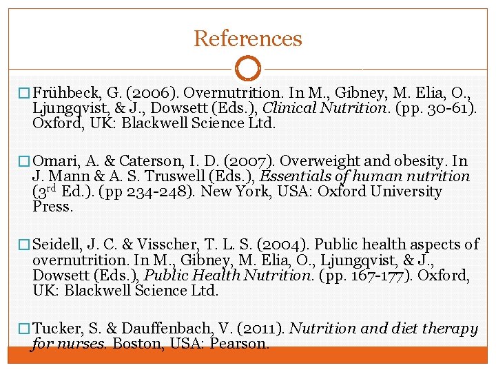 References � Frühbeck, G. (2006). Overnutrition. In M. , Gibney, M. Elia, O. ,