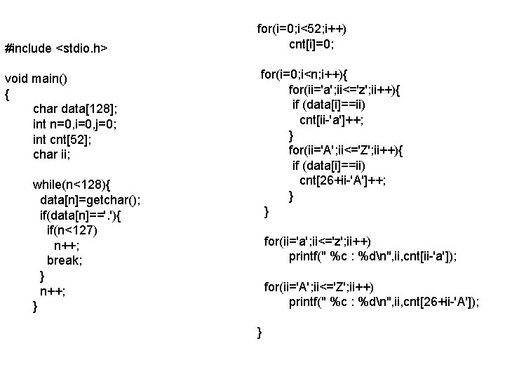 #include <stdio. h> void main() { char data[128]; int n=0, i=0, j=0; int cnt[52];