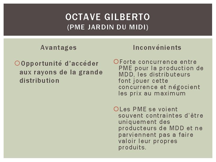 OCTAVE GILBERTO (PME JARDIN DU MIDI) Avantages Inconvénients Opportunité d’accéder aux rayons de la