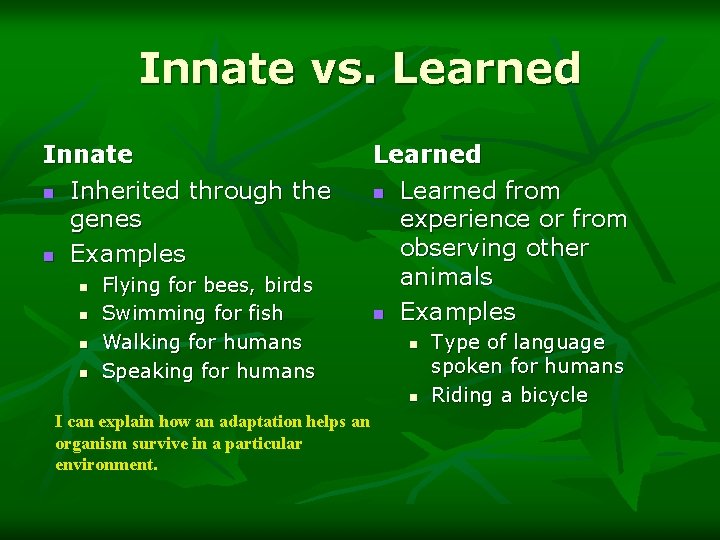 Innate vs. Learned Innate n Inherited through the genes n Examples n n Flying