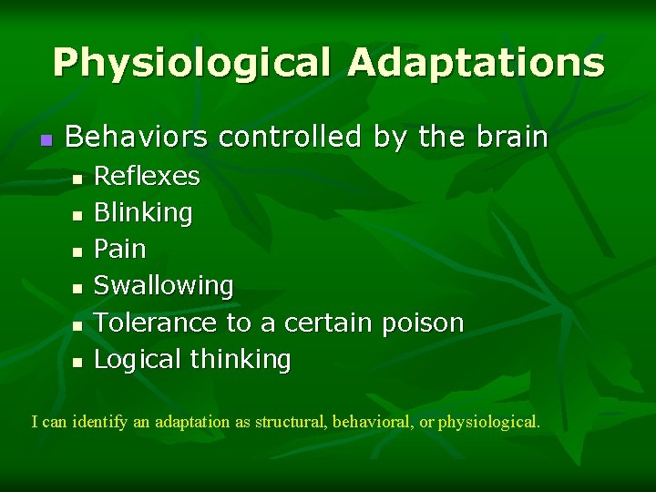 Physiological Adaptations n Behaviors controlled by the brain n n n Reflexes Blinking Pain