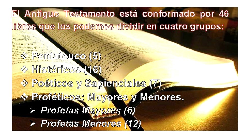 El Antiguo Testamento está conformado por 46 libros que los podemos dividir en cuatro