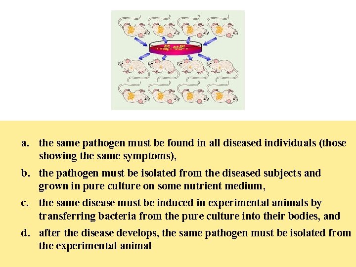 a. the same pathogen must be found in all diseased individuals (those showing the
