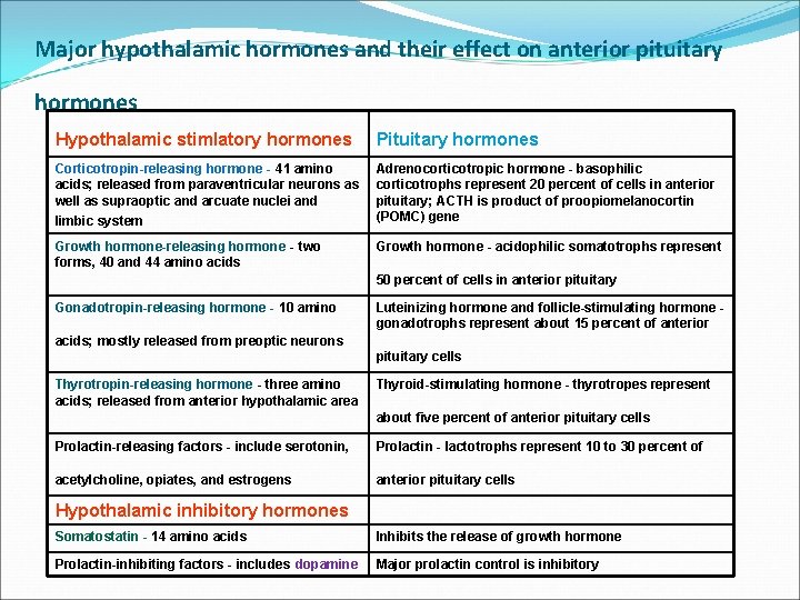 Major hypothalamic hormones and their effect on anterior pituitary hormones Hypothalamic stimlatory hormones Pituitary