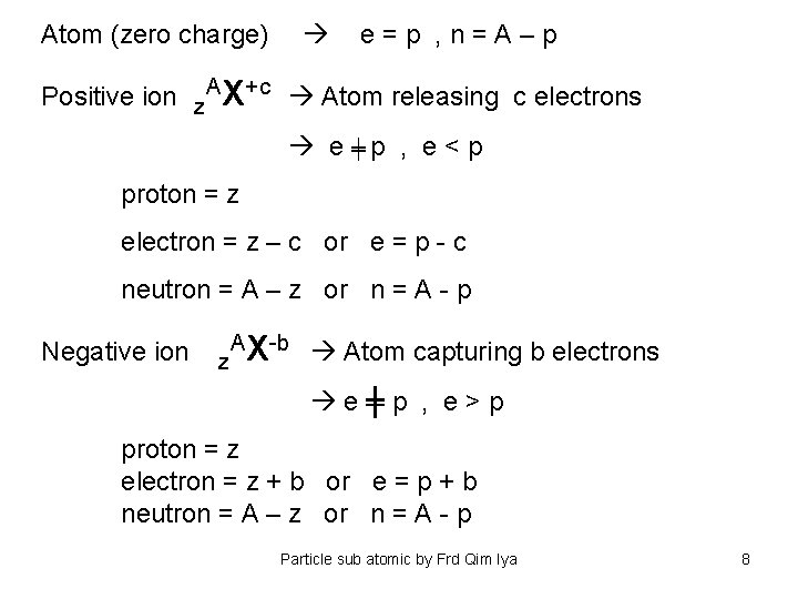 Atom (zero charge) e=p , n=A–p Positive ion z. AX+c Atom releasing c electrons