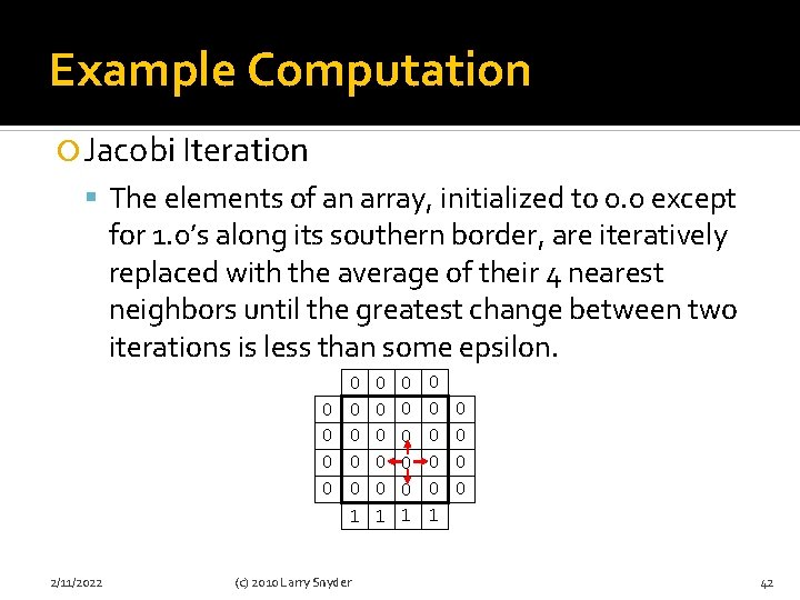 Example Computation Jacobi Iteration The elements of an array, initialized to 0. 0 except