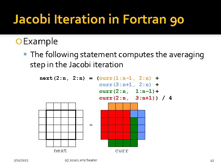 Jacobi Iteration in Fortran 90 Example The following statement computes the averaging step in