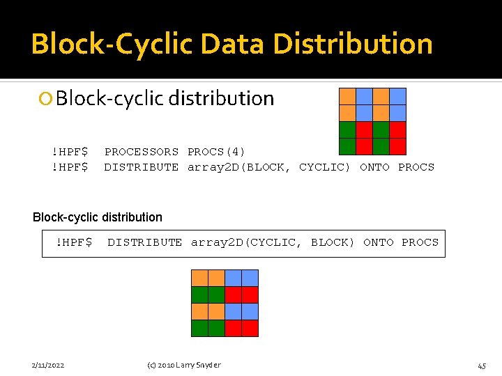 Block-Cyclic Data Distribution Block-cyclic distribution !HPF$ PROCESSORS PROCS(4) DISTRIBUTE array 2 D(BLOCK, CYCLIC) ONTO
