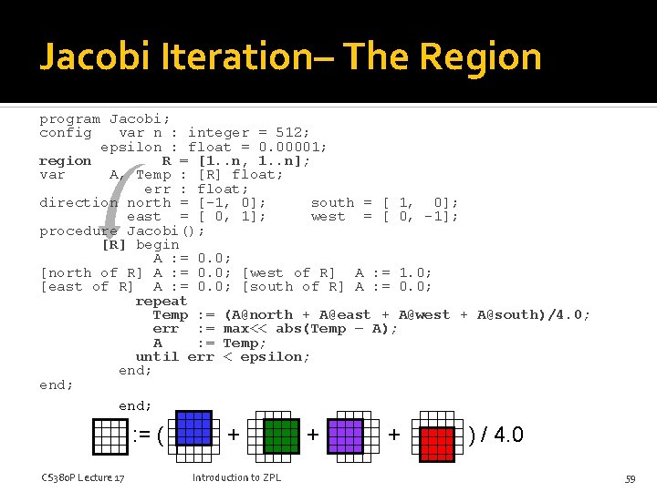Jacobi Iteration– The Region program Jacobi; config var n : integer = 512; epsilon