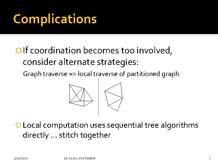 Complications If coordination becomes too involved, consider alternate strategies: Graph traverse => local traverse