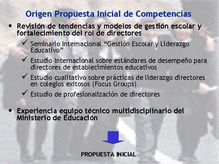 Origen Propuesta Inicial de Competencias • Revisión de tendencias y modelos de gestión escolar