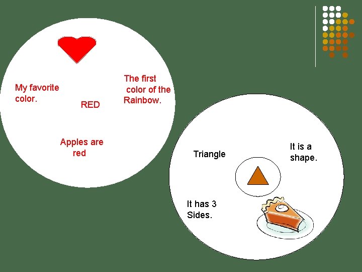 My favorite color. RED Apples are red The first color of the Rainbow. Triangle