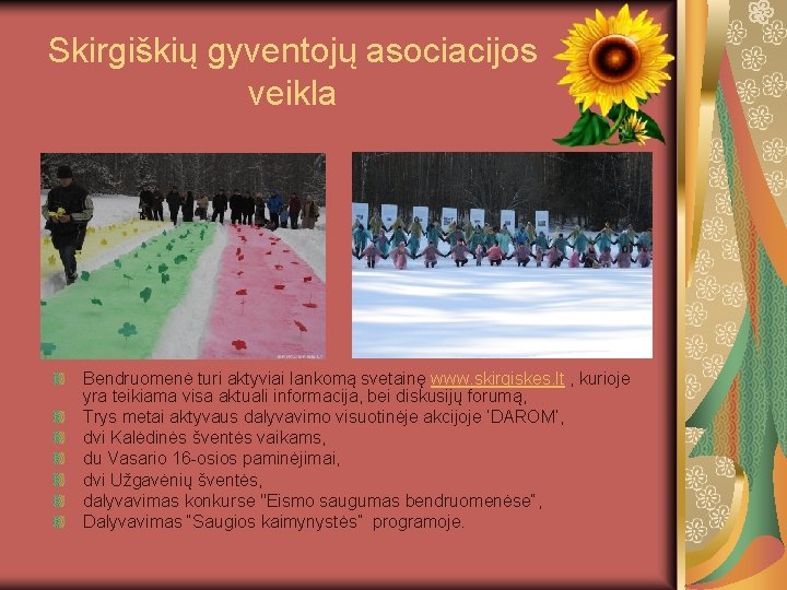 Skirgiškių gyventojų asociacijos veikla Bendruomenė turi aktyviai lankomą svetainę www. skirgiskes. lt , kurioje