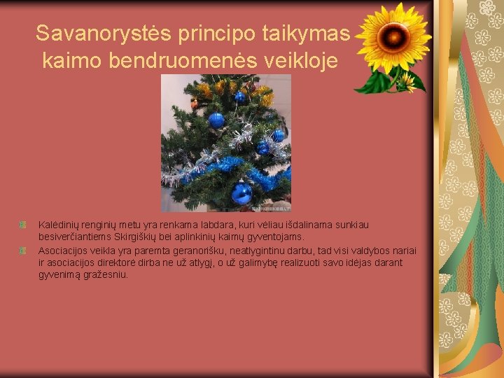 Savanorystės principo taikymas kaimo bendruomenės veikloje Kalėdinių renginių metu yra renkama labdara, kuri vėliau