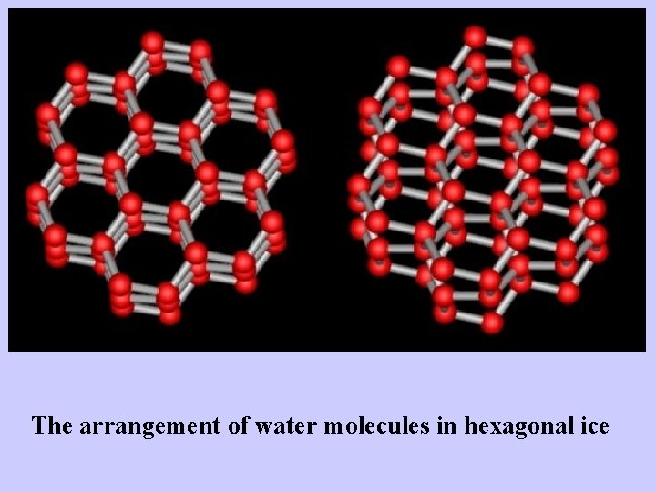 The arrangement of water molecules in hexagonal ice The arrangement of water molecules in hexagonal ice