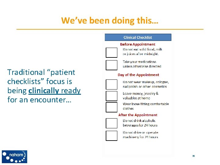 We’ve been doing this… Traditional “patient checklists” focus is being clinically ready for an