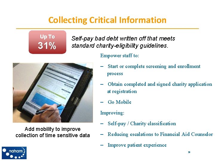 Collecting Critical Information Up To 31% Self-pay bad debt written off that meets standard