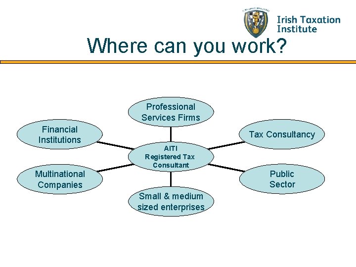 Where can you work? Professional Services Firms Financial Institutions Multinational Companies Tax Consultancy AITI