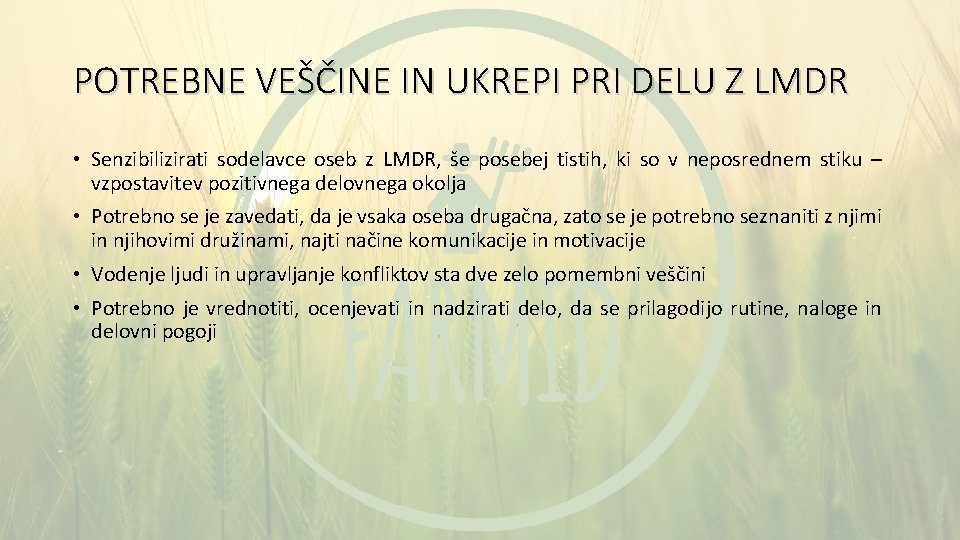 POTREBNE VEŠČINE IN UKREPI PRI DELU Z LMDR • Senzibilizirati sodelavce oseb z LMDR,