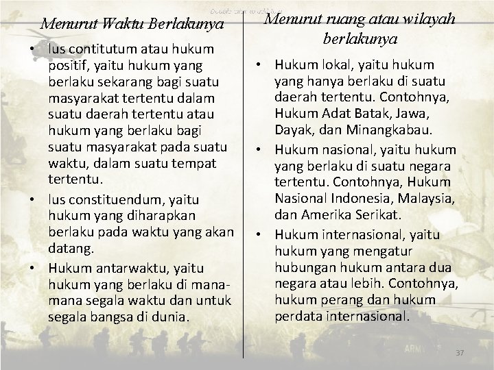 Menurut Waktu Berlakunya • lus contitutum atau hukum positif, yaitu hukum yang berlaku sekarang