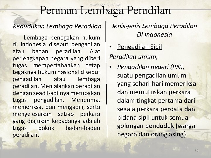 Peranan Lembaga Peradilan Kedudukan Lembaga Peradilan Lembaga penegakan hukum di Indonesia disebut pengadilan atau