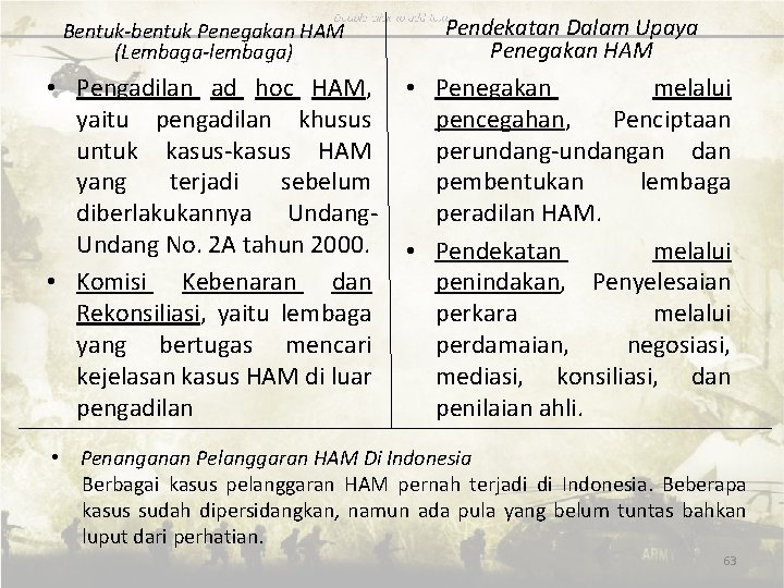 Bentuk-bentuk Penegakan HAM (Lembaga-lembaga) • Pengadilan ad hoc HAM, yaitu pengadilan khusus untuk kasus-kasus