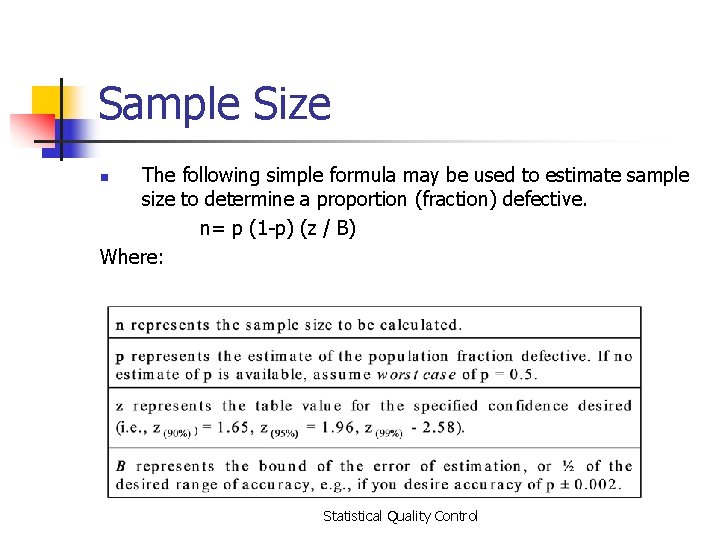 Sample Size The following simple formula may be used to estimate sample size to