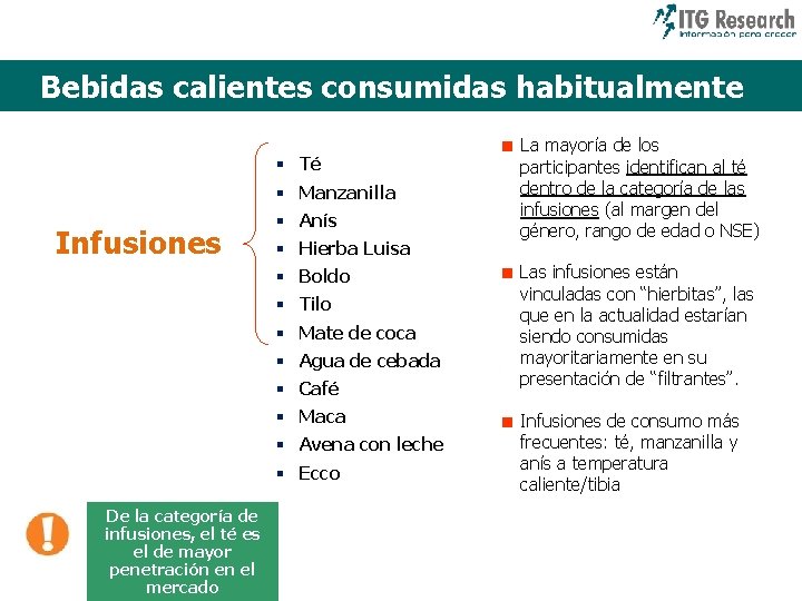 Bebidas calientes consumidas habitualmente § Té § Manzanilla Infusiones § Anís § Hierba Luisa