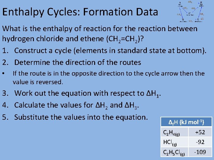 Enthalpy Cycles: Formation Data What is the enthalpy of reaction for the reaction between