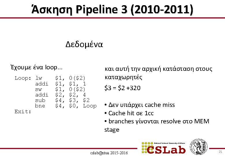 Άσκηση Pipeline 3 (2010 -2011) Δεδομένα Έχουμε ένα loop. . . Loop: lw addi