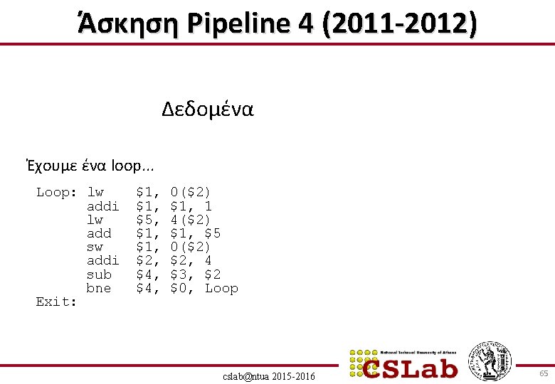 Άσκηση Pipeline 4 (2011 -2012) Δεδομένα Έχουμε ένα loop. . . Loop: lw addi