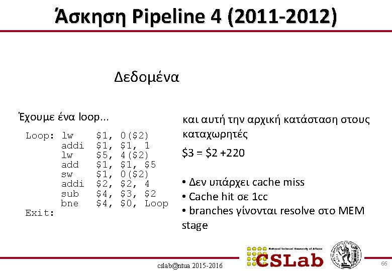 Άσκηση Pipeline 4 (2011 -2012) Δεδομένα Έχουμε ένα loop. . . Loop: lw addi
