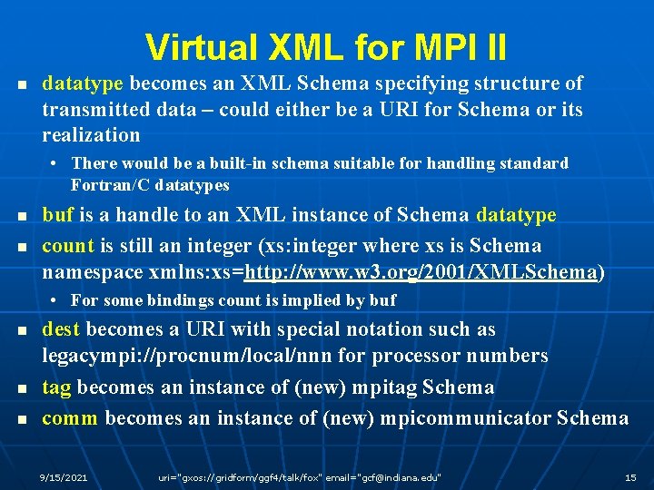 Virtual XML for MPI II n datatype becomes an XML Schema specifying structure of