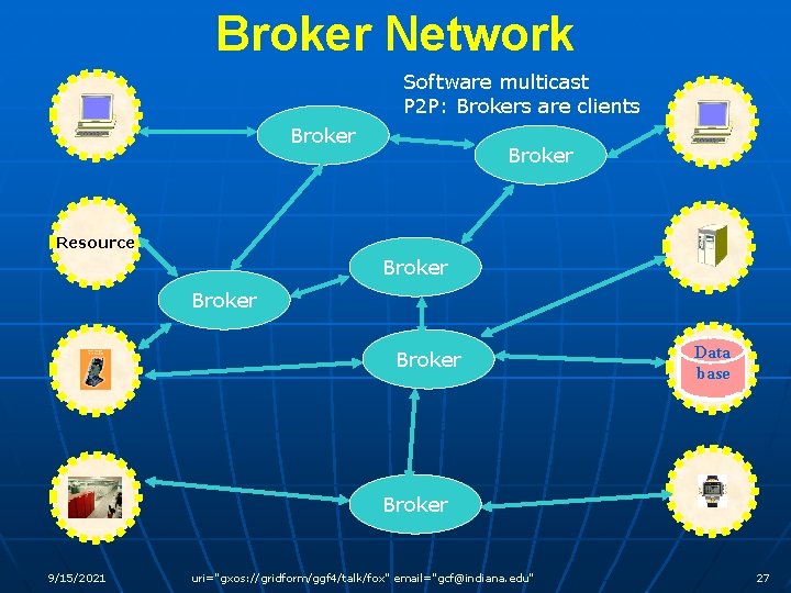 Broker Network Software multicast P 2 P: Brokers are clients Broker Resource Broker Data