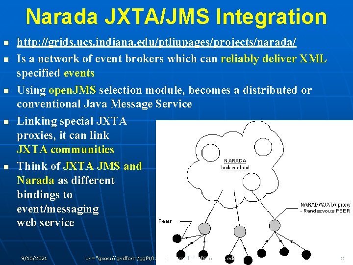 Narada JXTA/JMS Integration n n http: //grids. ucs. indiana. edu/ptliupages/projects/narada/ Is a network of