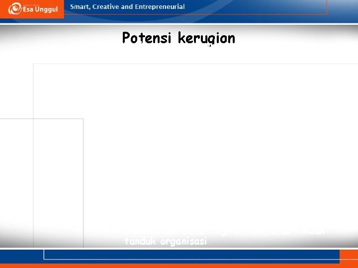 Potensi kerugian Daftar potensi kerugian sebagai berikut : 1. Kerugian harta termasuk sarana produksi,