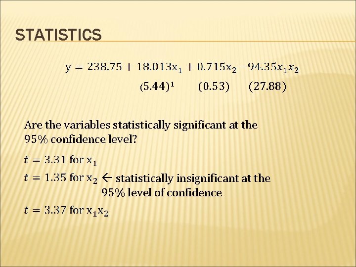 STATISTICS (5. 44)1 (0. 53) (27. 88) Are the variables statistically significant at the