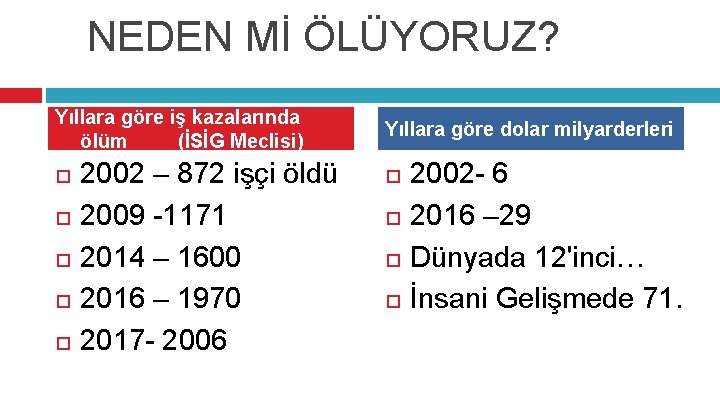 NEDEN Mİ ÖLÜYORUZ? Yıllara göre iş kazalarında ölüm (İSİG Meclisi) 2002 – 872 işçi