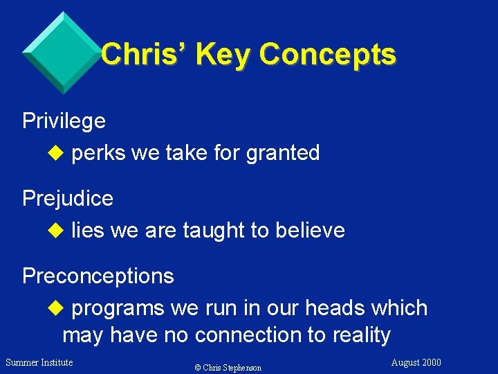 Chris’ Key Concepts Privilege u perks we take for granted Prejudice u lies we