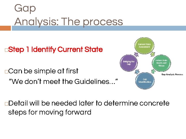 Gap Analysis: The process Step 1 Identify Current State � Can be simple at