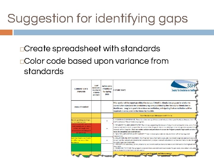 Suggestion for identifying gaps Create spreadsheet with standards �Color code based upon variance from