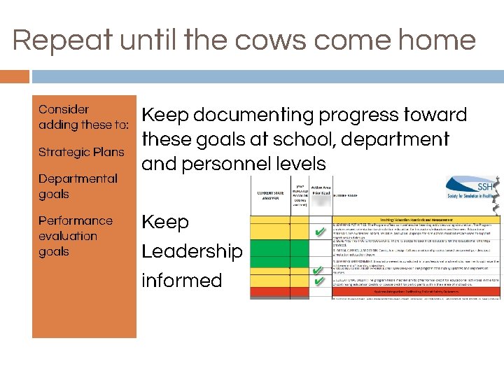 Repeat until the cows come home Consider adding these to: Strategic Plans Departmental goals