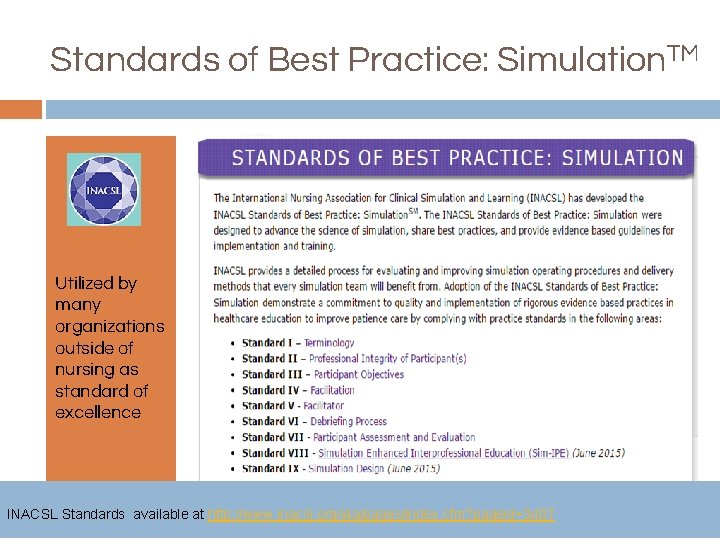 Standards of Best Practice: Simulation. TM Utilized by many organizations outside of nursing as