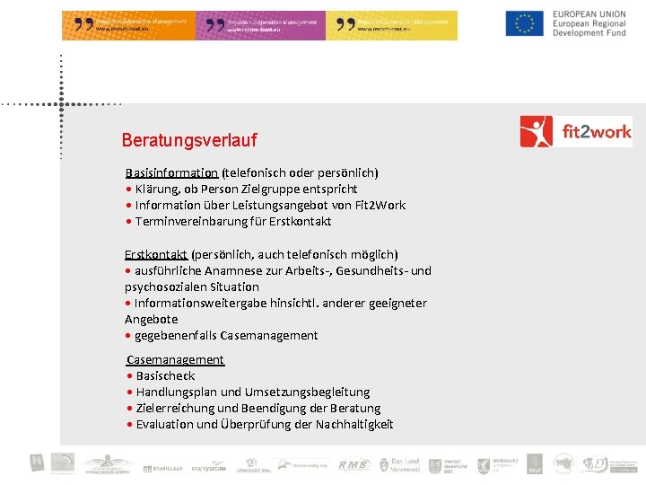 Beratungsverlauf Basisinformation (telefonisch oder persönlich) • Klärung, ob Person Zielgruppe entspricht • Information über