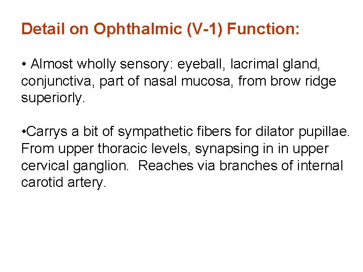 Detail on Ophthalmic (V-1) Function: • Almost wholly sensory: eyeball, lacrimal gland, conjunctiva, part