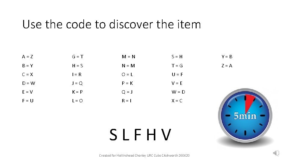 Use the code to discover the item A=Z G=T M=N S=H Y=B B=Y H=S